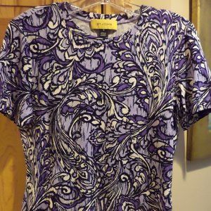 St. John Shell Blouse Shirt~Black, Shades of Purple+White~Short Sleeves - Medium